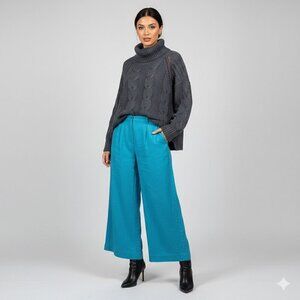YFB High Waisted Wide Leg Culottes Coastal Grandmother Art Pants LARGE Cyan Blue